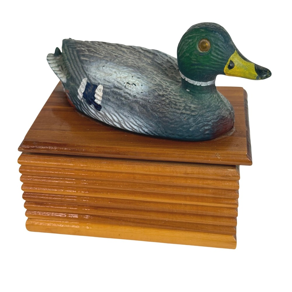 Vintage Hand Painted Wooden Mallard Duck Trinket Box Rustic Cabin Lodge Decor